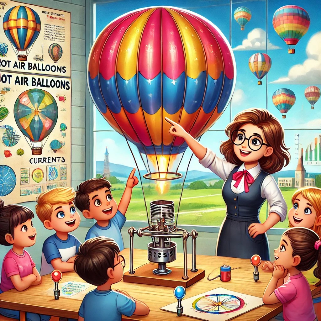 DALL·E 2025-03-18 06.44.37 – A colorful and fun cartoon-style illustration of a homeschool setting where children and parents are engaged in a hands-on discussion about hot air ba a group of colorful balloons