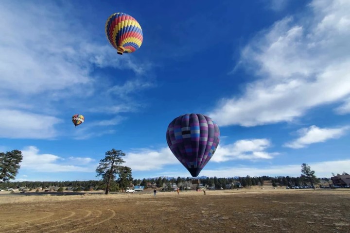 Three colorful hot air balloons in a clear blue sky over an open field.