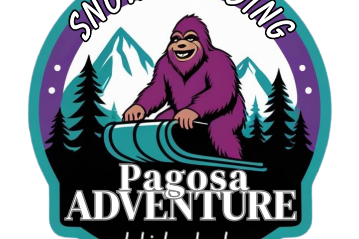 Purple creature sledding in snowy mountain, surrounded by trees, with text: 'Snow Sledding Pagosa Adventure'.