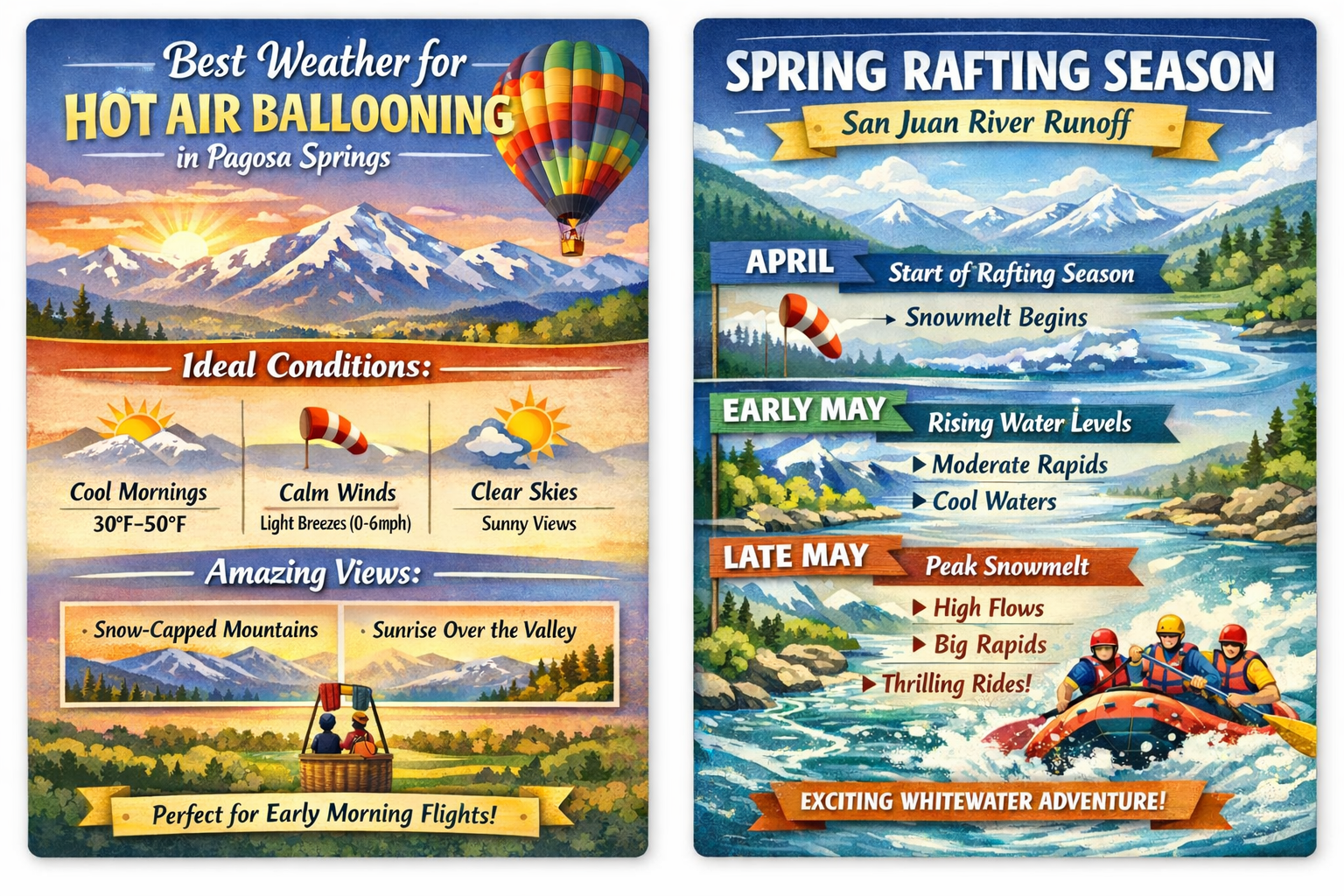 Two panels for hot air ballooning and rafting in Pagosa Springs with tips for ideal conditions and timing.