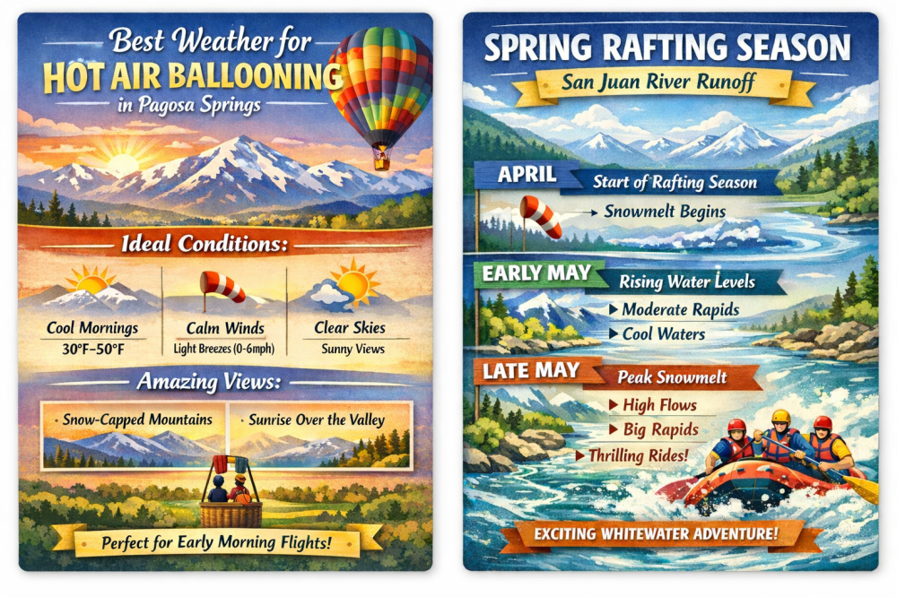Two panels for hot air ballooning and rafting in Pagosa Springs with tips for ideal conditions and timing.